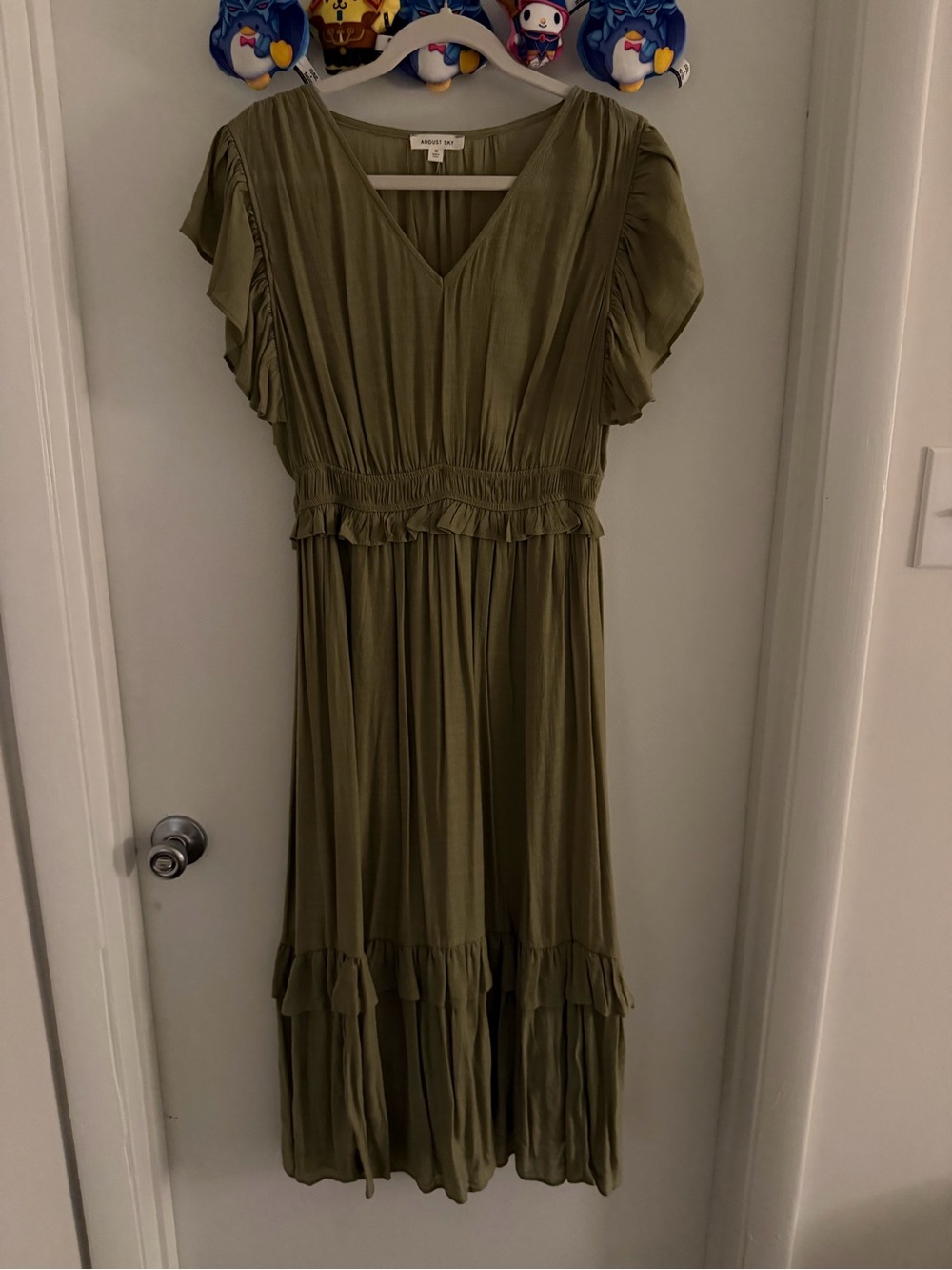 Flowy Olive Green V-Neck Maxi Dress with Ruffle Detail